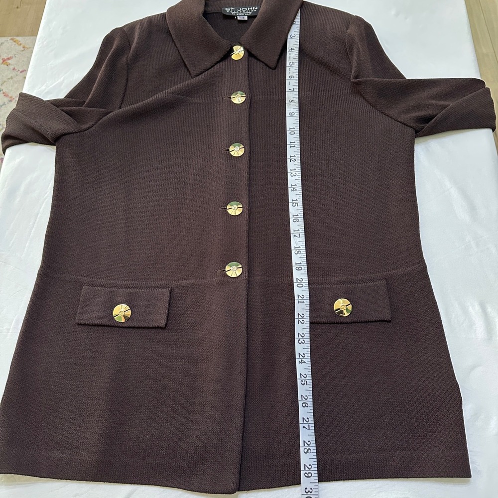 St. John Collection Brown Knit Suit Set Sz 14/12 Gold Buttons Mended Flaws Vtg - Picture 7 of 16